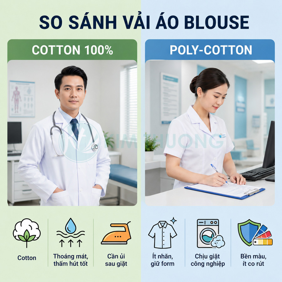 So sánh áo blouse bác sĩ vải cotton 100 và poly cotton với ưu nhược điểm từng chất liệu