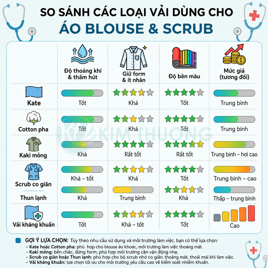 Bảng so sánh các loại vải may áo blouse và scrub về độ thoáng khí, giữ form, bền màu và mức giá