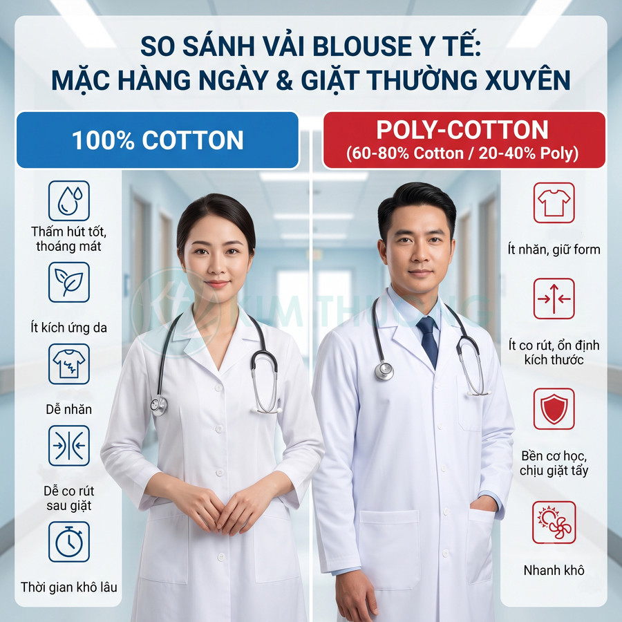 So sánh áo blouse y tế vải cotton và polycotton với hai bác sĩ mặc áo trắng trong bệnh viện