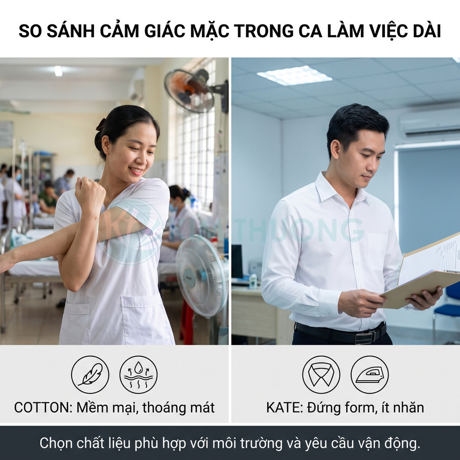 So sánh áo đồng phục vải cotton mềm thoáng mát và vải kate đứng form, ít nhăn khi làm việc dài giờ