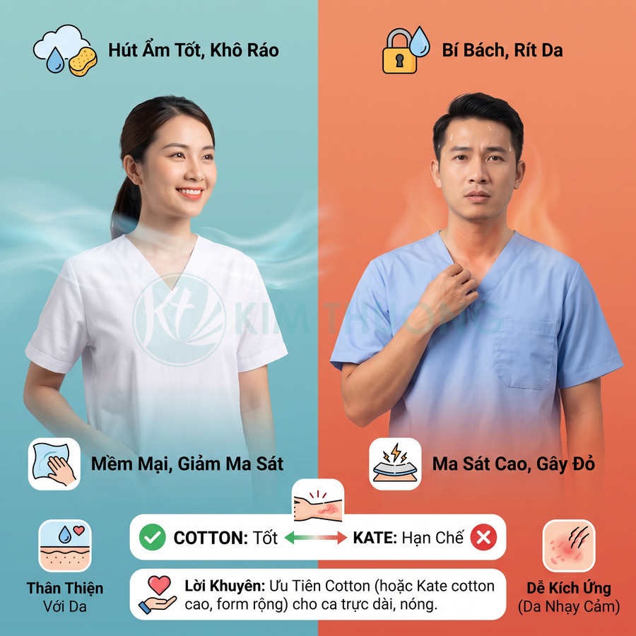 So sánh vải cotton và kate cho đồng phục: cotton thấm hút, mềm mại, thân thiện với da; kate dễ gây bí và ma sát cao.