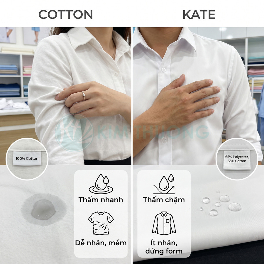 So sánh áo sơ mi cotton 100% thấm nhanh, mềm dễ nhăn với áo kate ít nhăn, đứng form, pha polyester và cotton