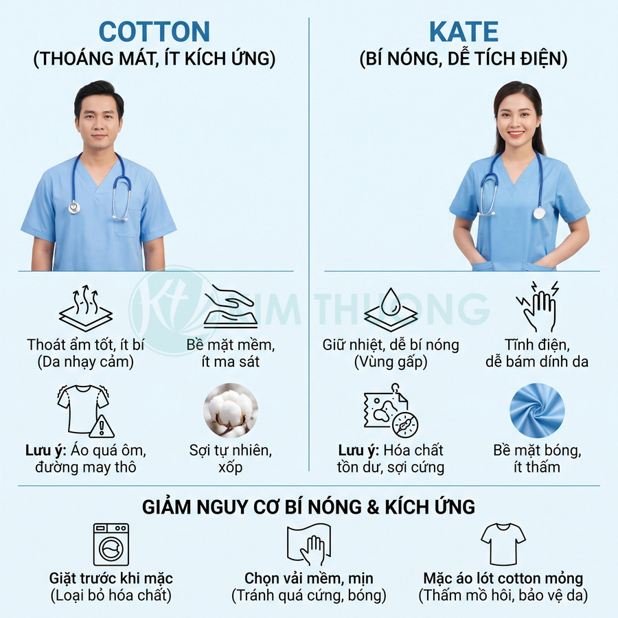 So sánh vải cotton và kate cho đồng phục y tế, cotton thoáng mát ít kích ứng, kate dễ bí nóng và tích điện