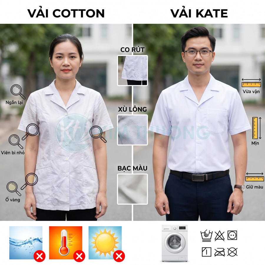 Áo blouse trắng vải kate ít nhăn, bền màu và mịn hơn áo vải cotton dễ co rút, xù lông, bạc màu