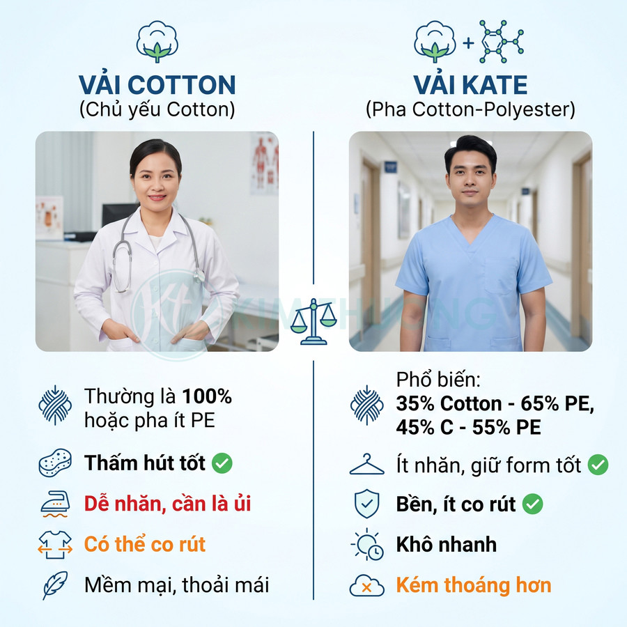 So sánh vải cotton và vải kate dùng may đồng phục y tế, cùng ưu nhược điểm về độ thấm hút và độ bền