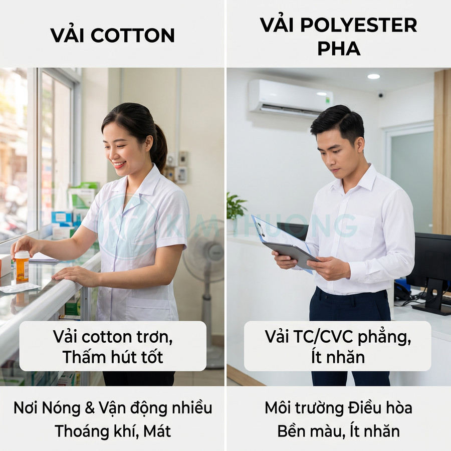 So sánh áo đồng phục y tế vải cotton thoáng mát và áo sơ mi công sở vải polyester pha ít nhăn