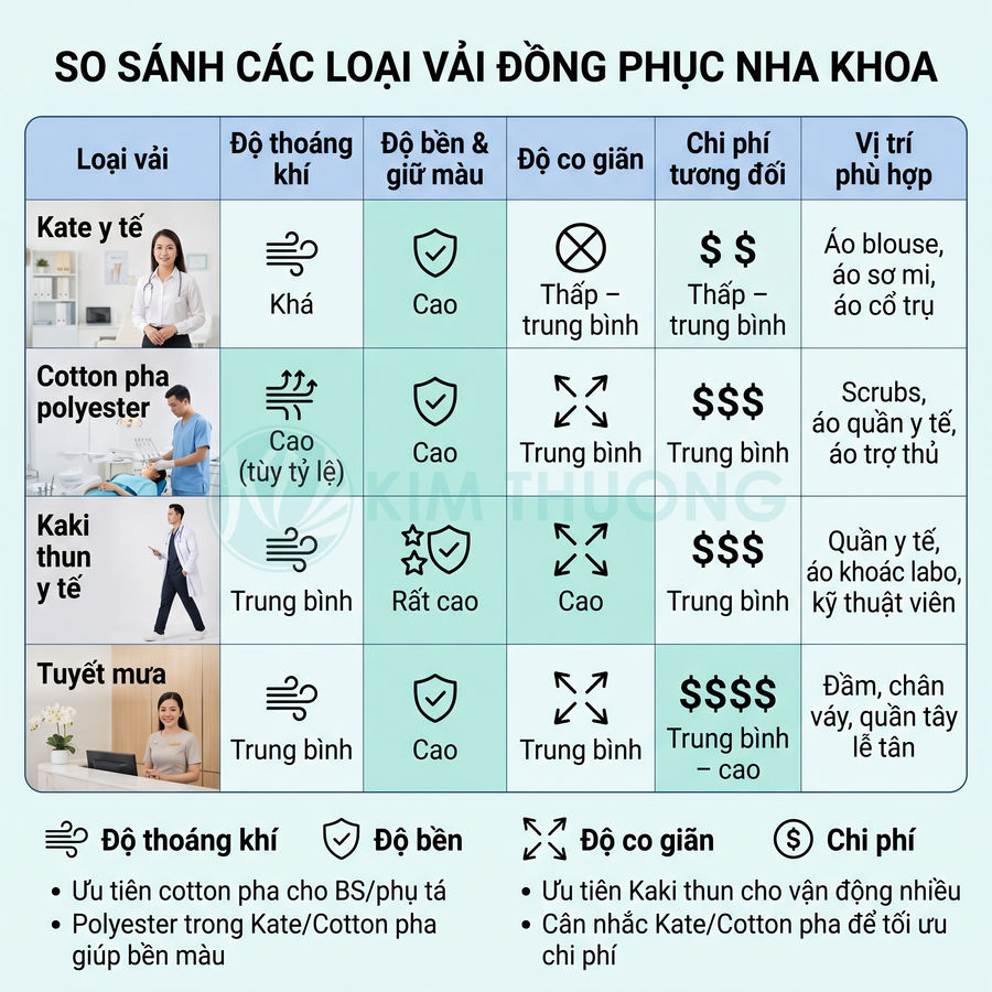 Bảng so sánh các loại vải đồng phục nha khoa về độ thoáng khí, độ bền, độ co giãn và chi phí