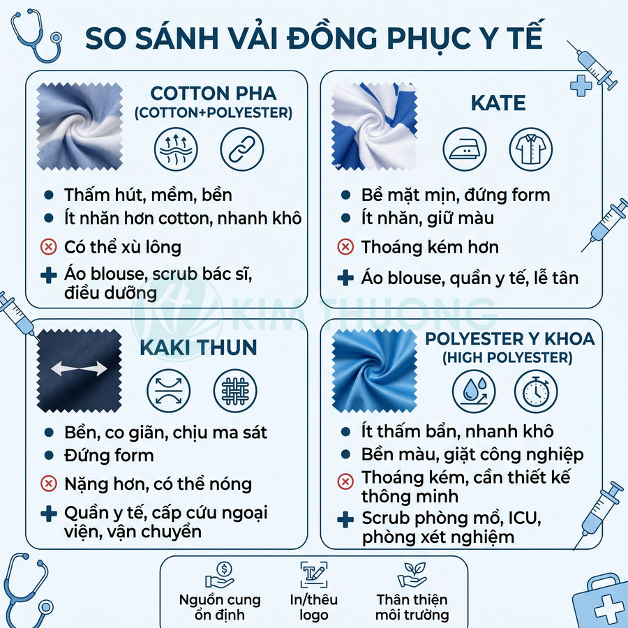 Bảng so sánh các loại vải cotton pha, kate, kaki thun, polyester dùng may đồng phục y tế và scrub bác sĩ