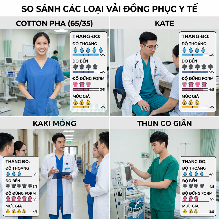 So sánh các loại vải đồng phục y tế cotton pha, kate, kaki mỏng và thun co giãn với thang điểm chi tiết