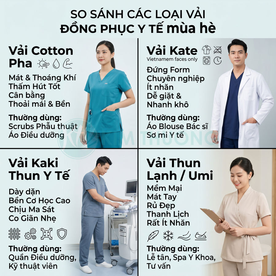 So sánh các loại vải đồng phục y tế mùa hè với mẫu bác sĩ và điều dưỡng minh họa
