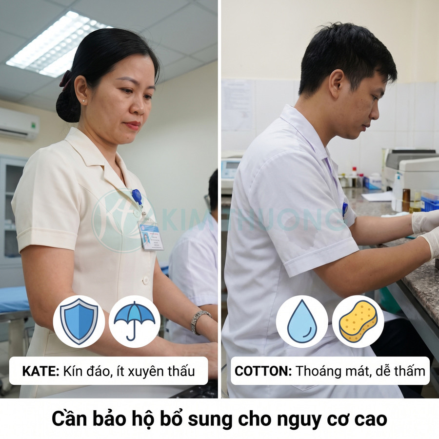 So sánh trang phục KATE kín đáo ít xuyên thấu với trang phục cotton thoáng mát dễ thấm trong môi trường y tế