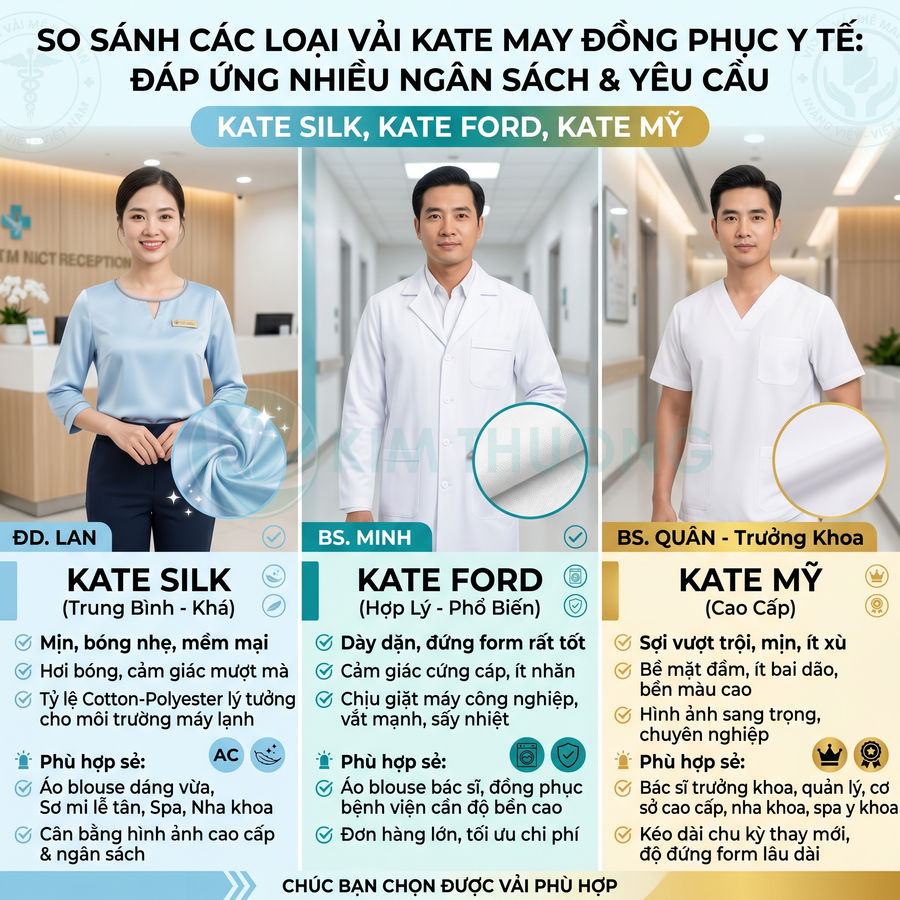 So sánh các loại vải Kate Silk, Kate Ford, Kate Mỹ may đồng phục y tế cho điều dưỡng và bác sĩ