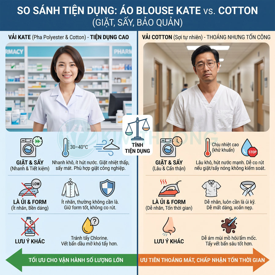 Áo blouse vải Kate pha polyester cotton dễ giặt sấy, ít nhăn hơn áo blouse vải cotton tự nhiên