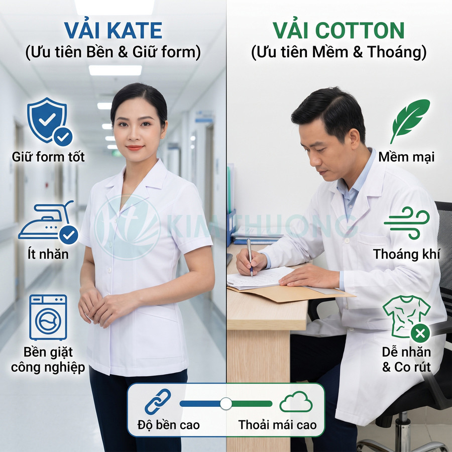 So sánh vải kate bền, giữ form với vải cotton mềm mại, thoáng khí cho đồng phục y tế