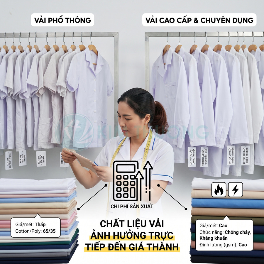 Các loại vải may áo blouse y tế phổ thông và cao cấp, so sánh giá thành và tính năng chống cháy, kháng khuẩn