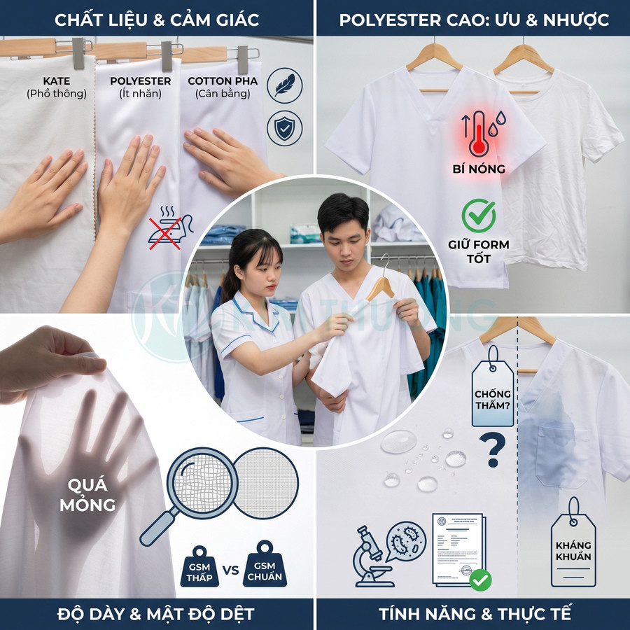 Áo đồng phục y tế cổ tim màu trắng và các mẫu vải kate, polyester, cotton pha được so sánh về độ dày và tính năng