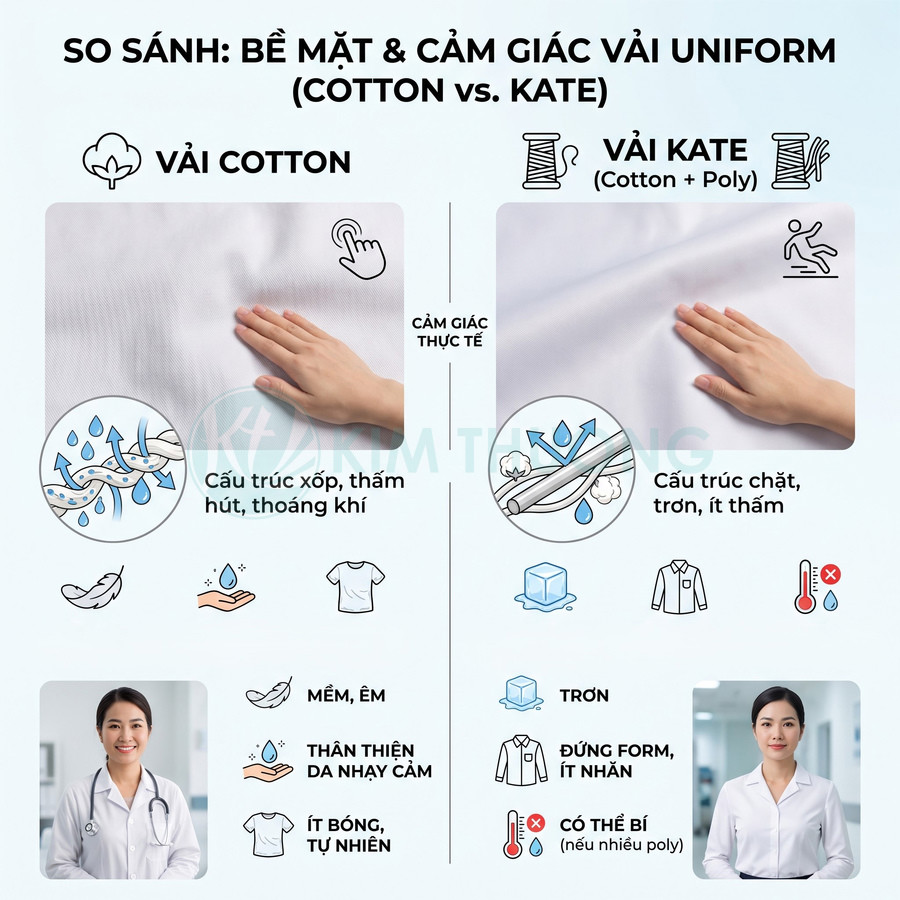 So sánh vải cotton và vải kate may đồng phục, cotton mềm thoáng còn kate trơn và ít thấm hơn