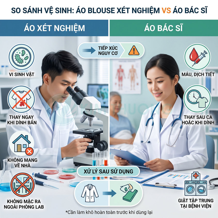 So sánh vệ sinh áo blouse xét nghiệm và áo bác sĩ với hướng dẫn thay giặt và xử lý sau sử dụng