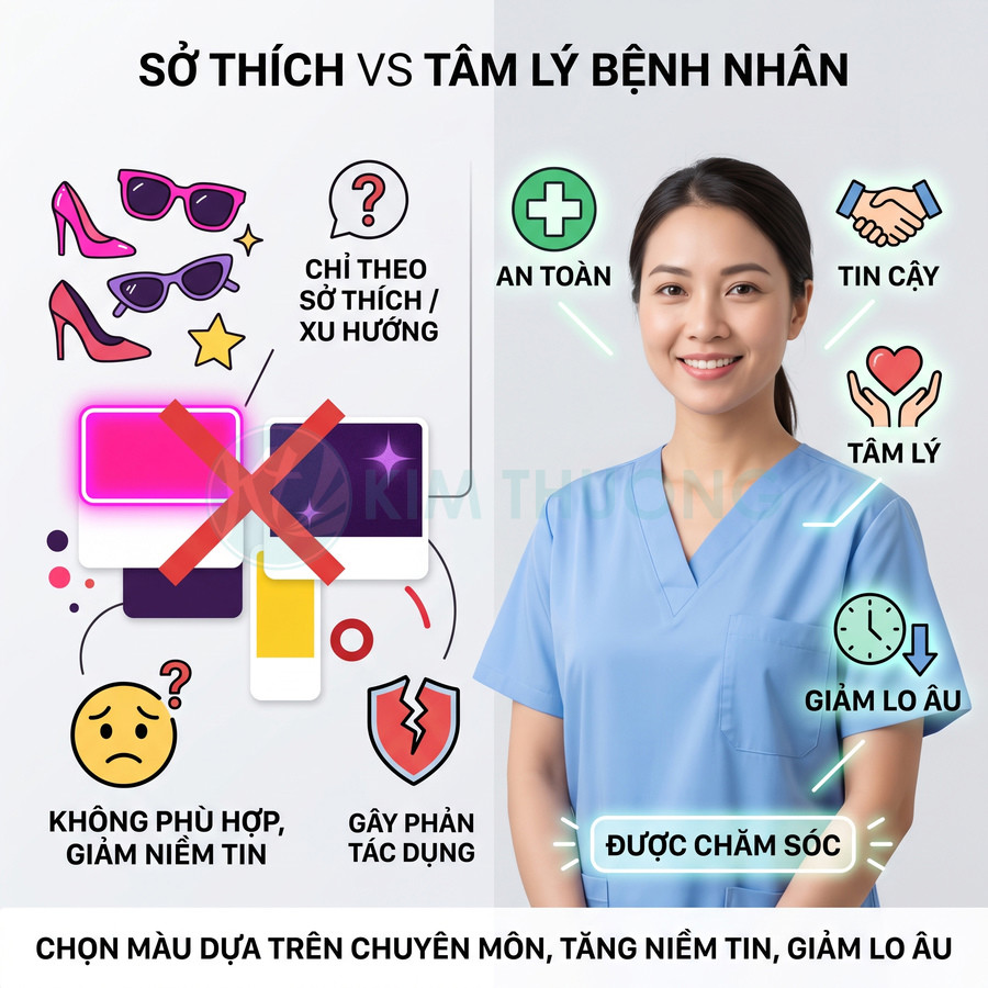 Nữ y tá mặc đồng phục y khoa màu xanh dương minh họa lợi ích chọn màu sắc chuyên môn tăng niềm tin bệnh nhân