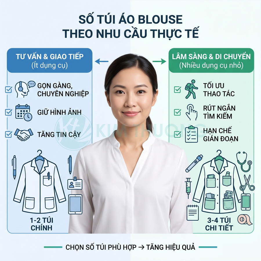 Infographic so sánh áo blouse 1–2 túi và 3–4 túi cho bác sĩ theo nhu cầu tư vấn và làm việc lâm sàng