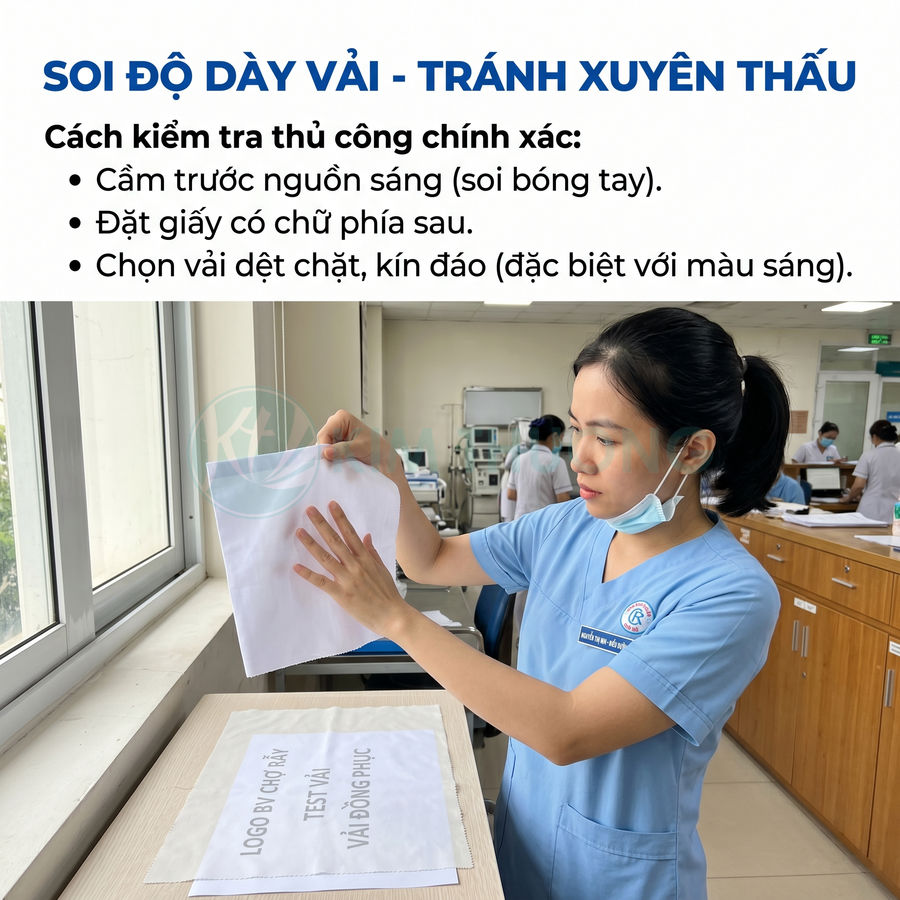 Nhân viên y tế kiểm tra độ dày vải trắng trước cửa sổ để tránh xuyên thấu trong phòng làm việc