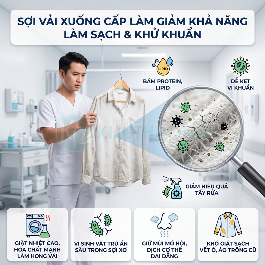 Nhân viên giặt là kiểm tra áo sơ mi bám bẩn, phóng to sợi vải xuống cấp dễ tích tụ vi khuẩn và giảm hiệu quả tẩy rửa