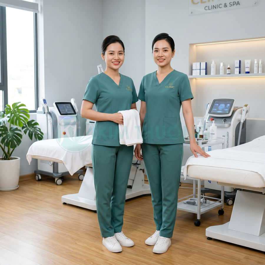 Nhân viên spa mặc đồng phục xanh đứng cạnh giường điều trị và máy chăm sóc da hiện đại trong phòng khám