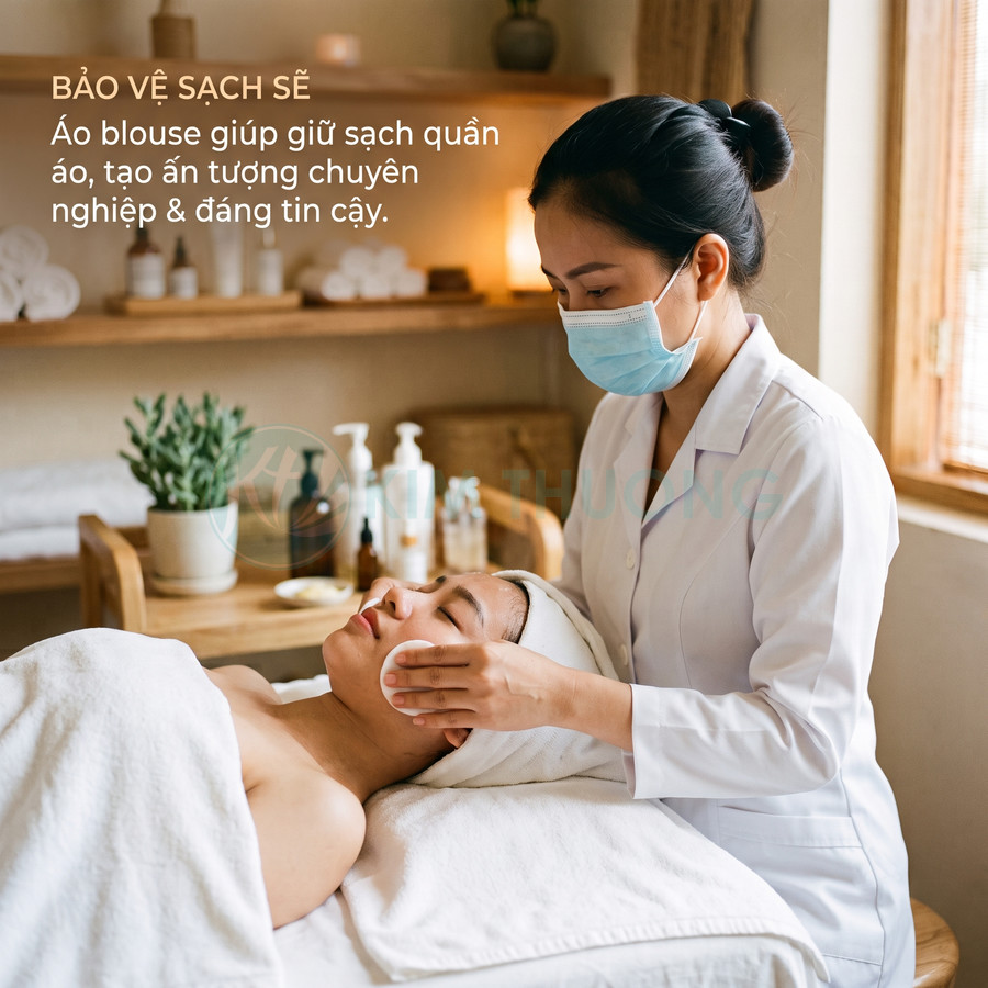 Kỹ thuật viên spa mặc áo blouse trắng và khẩu trang đang chăm sóc da mặt cho khách hàng nằm trên giường spa
