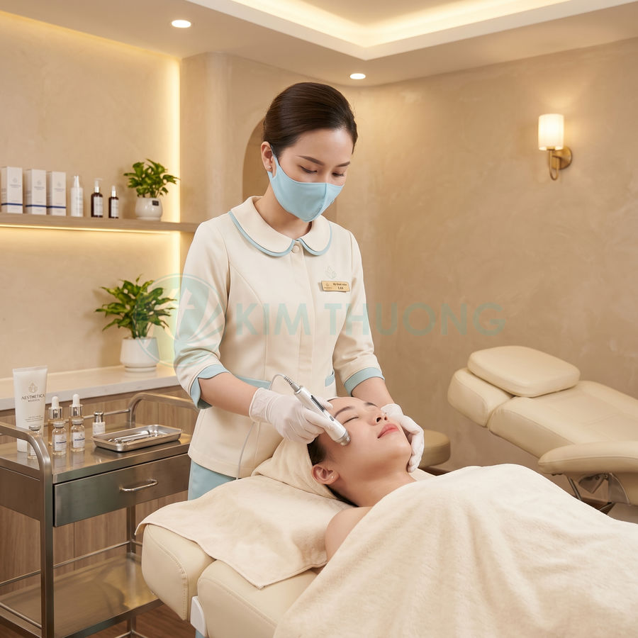 Kỹ thuật viên spa đeo khẩu trang đang dùng máy chăm sóc da mặt cho khách trong phòng trị liệu sáng sạch