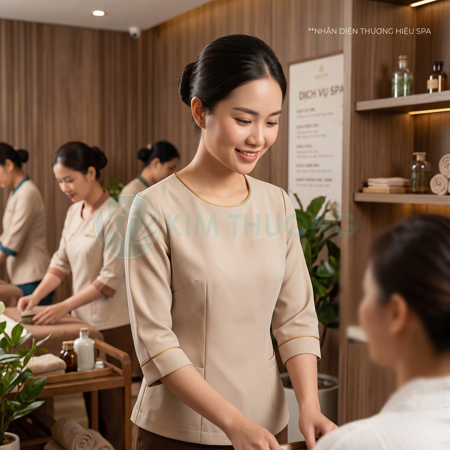 Nhân viên spa mặc đồng phục màu be đang tư vấn khách hàng trong không gian spa hiện đại