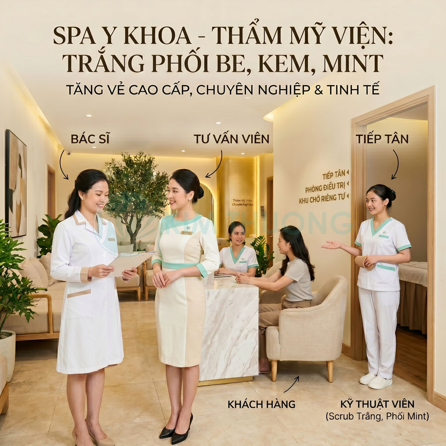 Không gian spa y khoa thẩm mỹ với bác sĩ, tư vấn viên, kỹ thuật viên và khách hàng trong sảnh tiếp đón sang trọng