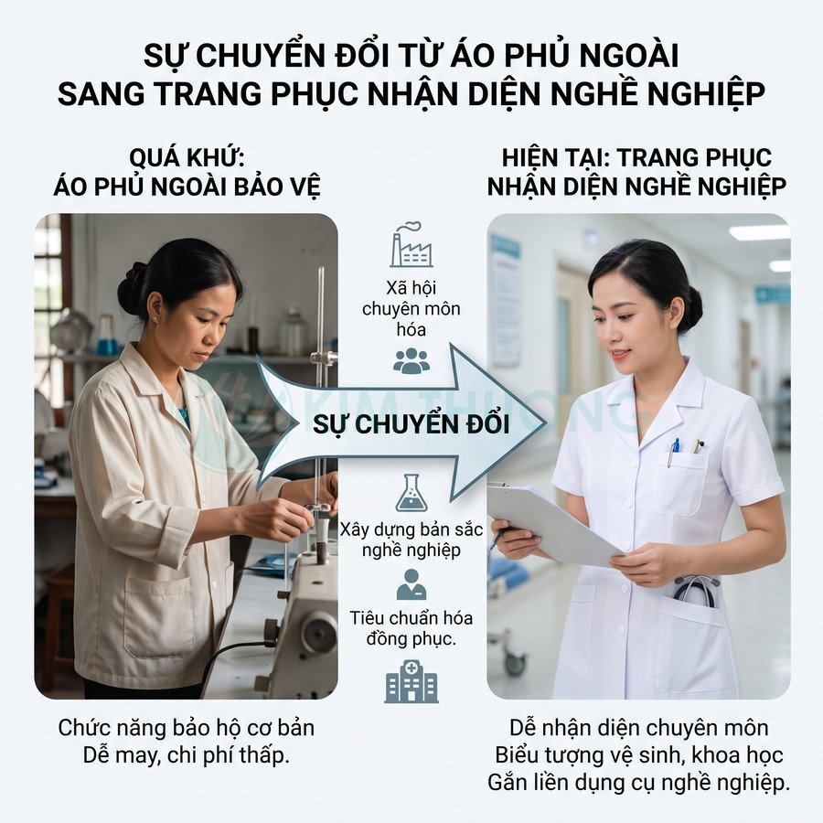 So sánh áo blouse bảo hộ cũ và trang phục nhận diện nghề nghiệp y khoa hiện đại của nữ nhân viên