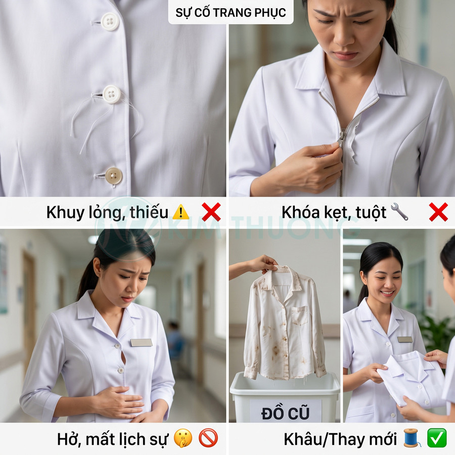 Nữ nhân viên y tế với đồng phục trắng bị hỏng khuy, khóa kéo và áo cũ được thay bằng đồng phục mới sạch sẽ