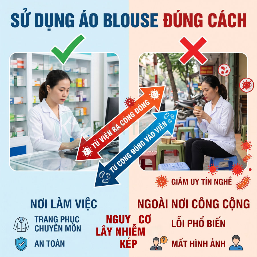 Hướng dẫn sử dụng áo blouse đúng cách, so sánh mặc áo blouse trong bệnh viện và ngoài nơi công cộng