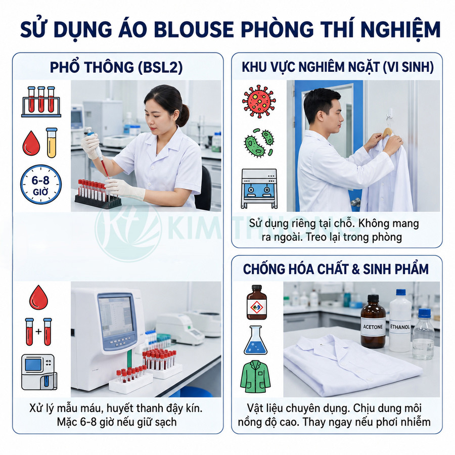 Áo blouse phòng thí nghiệm trắng cho kỹ thuật viên y tế sử dụng trong xử lý mẫu máu và hóa chất