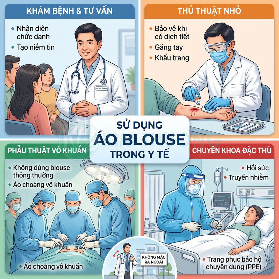 Minh họa các bác sĩ sử dụng áo blouse và đồ bảo hộ trong khám bệnh, phẫu thuật, thủ thuật nhỏ và hồi sức