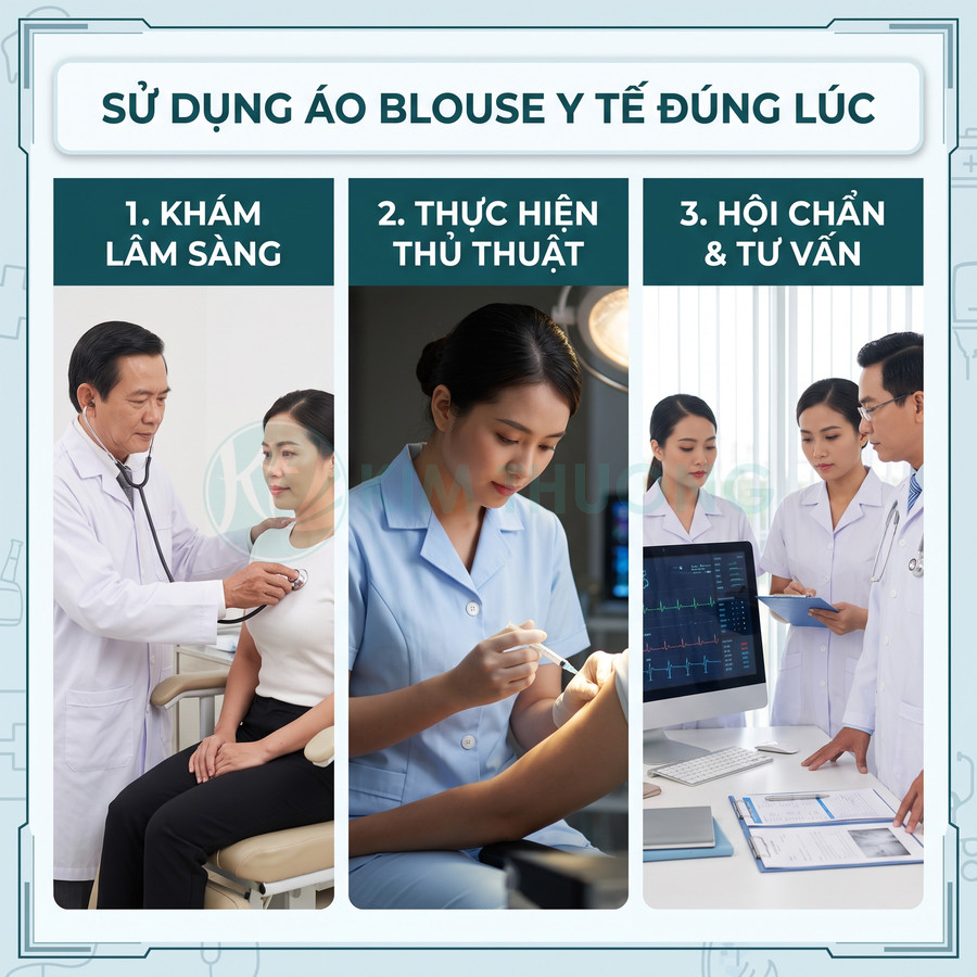 Bác sĩ và điều dưỡng mặc áo blouse y tế khi khám lâm sàng, thực hiện thủ thuật, hội chẩn và tư vấn cho bệnh nhân