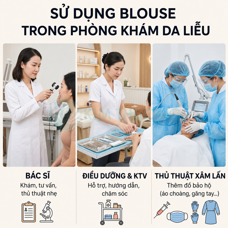 Blouse trắng y tế cho bác sĩ và điều dưỡng sử dụng trong phòng khám da liễu, phù hợp khám và thủ thuật xâm lấn