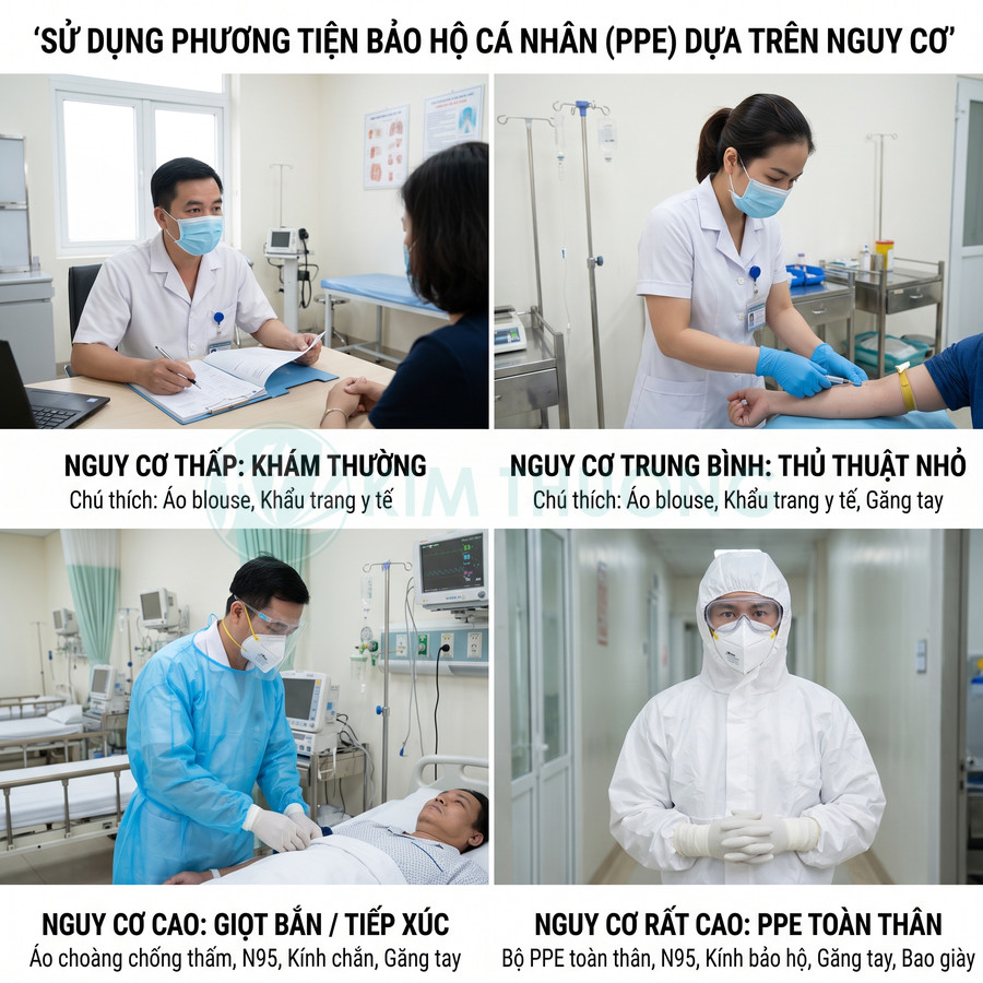 Nhân viên y tế sử dụng các mức đồ bảo hộ cá nhân PPE khác nhau khi khám và điều trị bệnh nhân