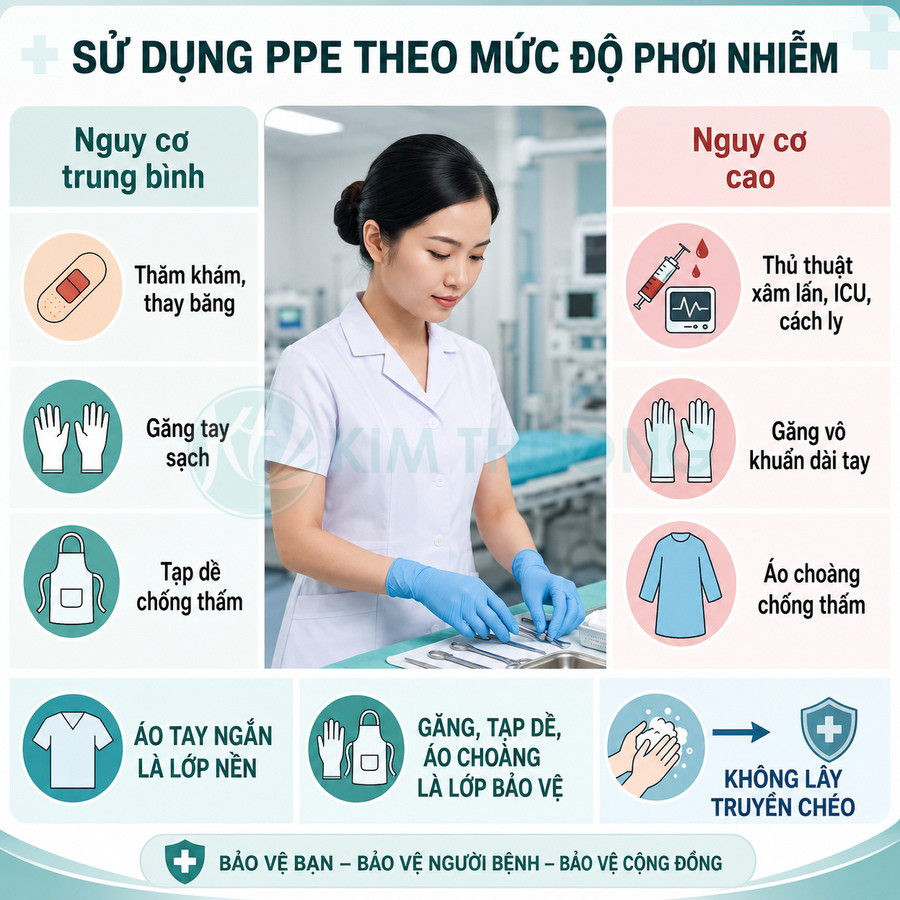 Hướng dẫn sử dụng PPE theo mức độ phơi nhiễm với hình ảnh nữ nhân viên y tế mang găng tay chuẩn bị dụng cụ