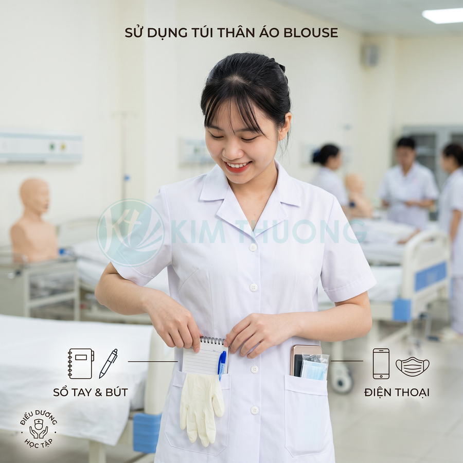 Nữ sinh điều dưỡng mặc áo blouse trắng dùng túi áo đựng sổ tay bút găng tay khẩu trang và điện thoại