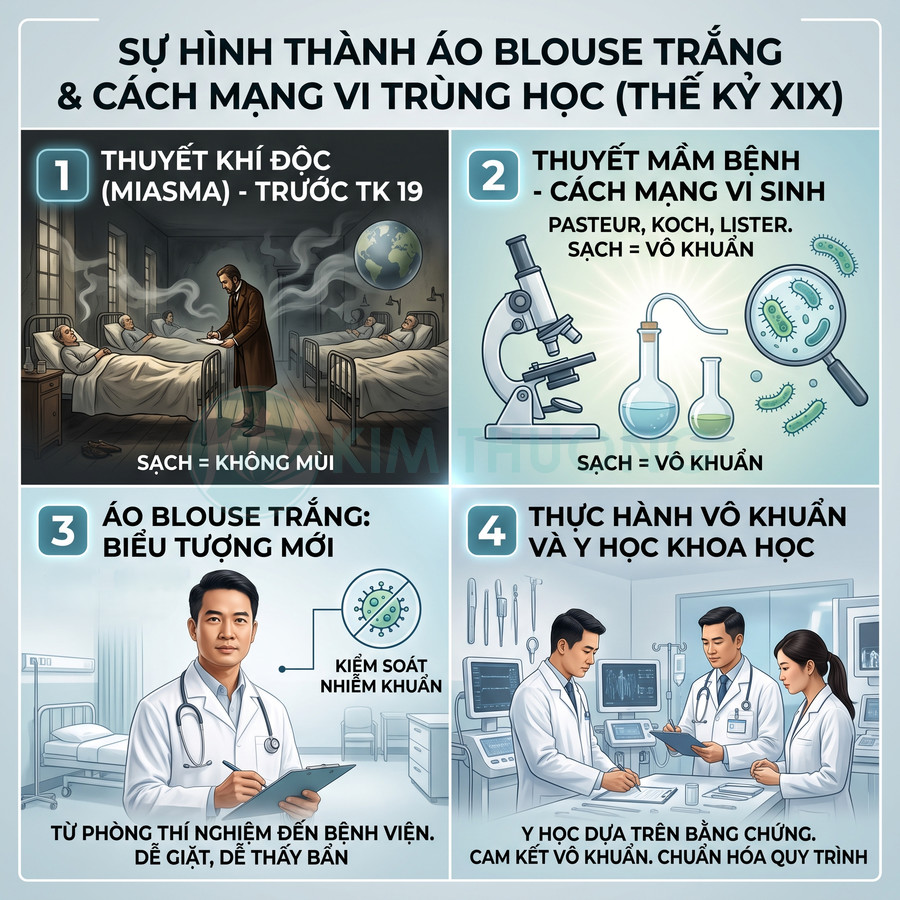 Infographic lịch sử áo blouse trắng và cách mạng vi trùng học với bác sĩ, phòng bệnh và thiết bị y khoa