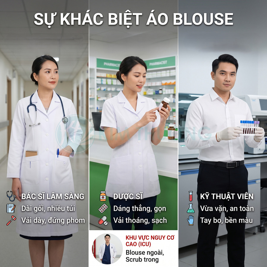 Các mẫu áo blouse cho bác sĩ lâm sàng, dược sĩ và kỹ thuật viên trong môi trường bệnh viện