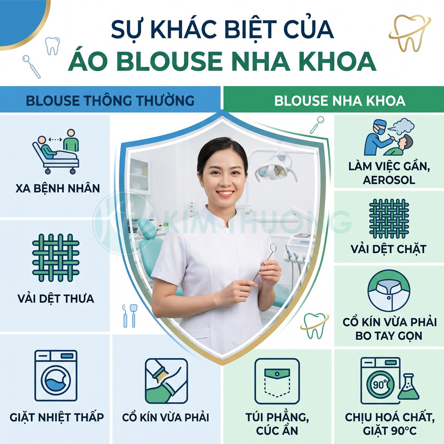 Áo blouse nha khoa trắng cho nữ nha sĩ, cổ kín tay ngắn, vải dệt chặt, thiết kế chuyên dụng khi làm việc gần bệnh nhân