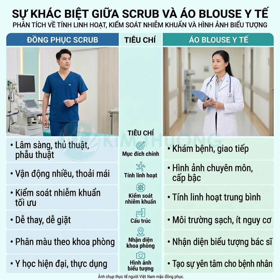 So sánh đồng phục scrub xanh và áo blouse trắng của bác sĩ, nêu tiêu chí sử dụng và ưu điểm từng loại