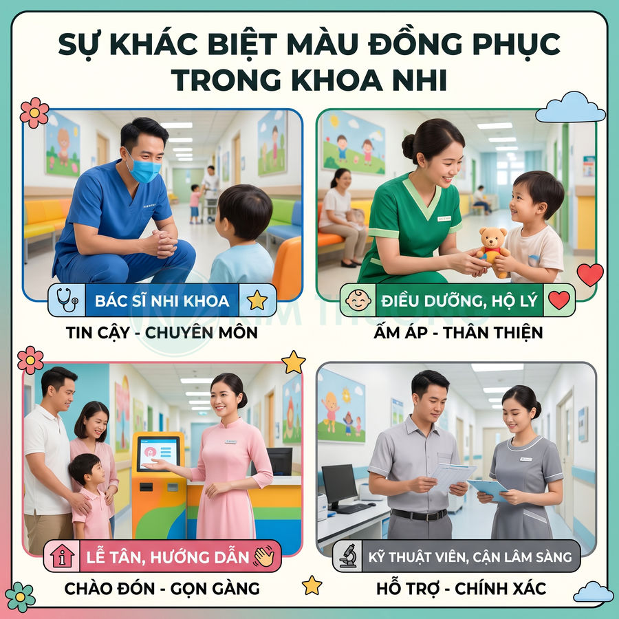 Các vị trí nhân viên trong khoa nhi với màu đồng phục khác nhau giao tiếp thân thiện với bệnh nhi