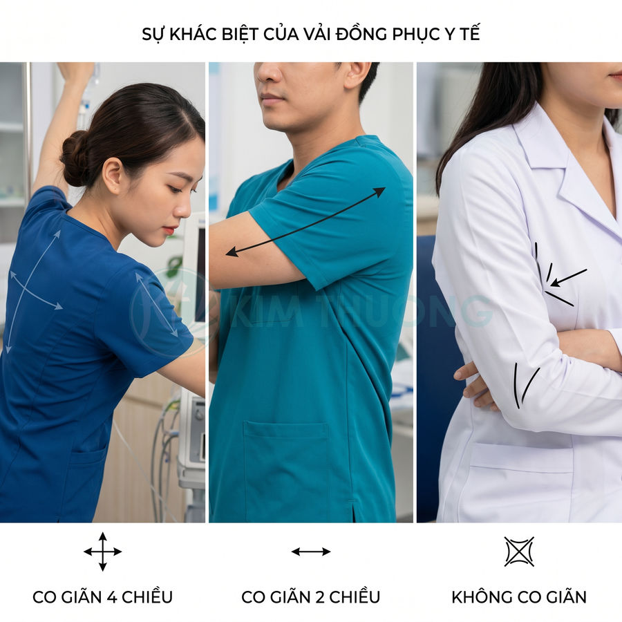So sánh vải đồng phục y tế co giãn 4 chiều, co giãn 2 chiều và không co giãn trên người mẫu