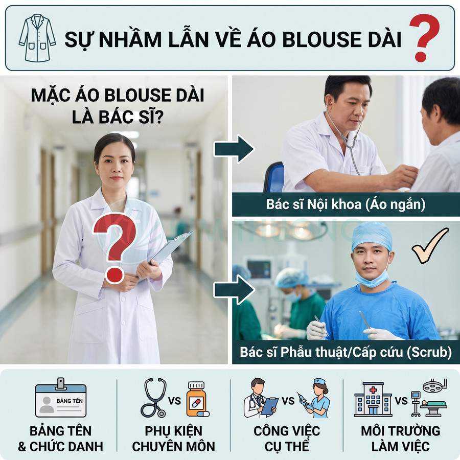 So sánh bác sĩ mặc áo blouse dài, áo blouse ngắn và đồ phẫu thuật trong bệnh viện, kèm biểu tượng minh họa