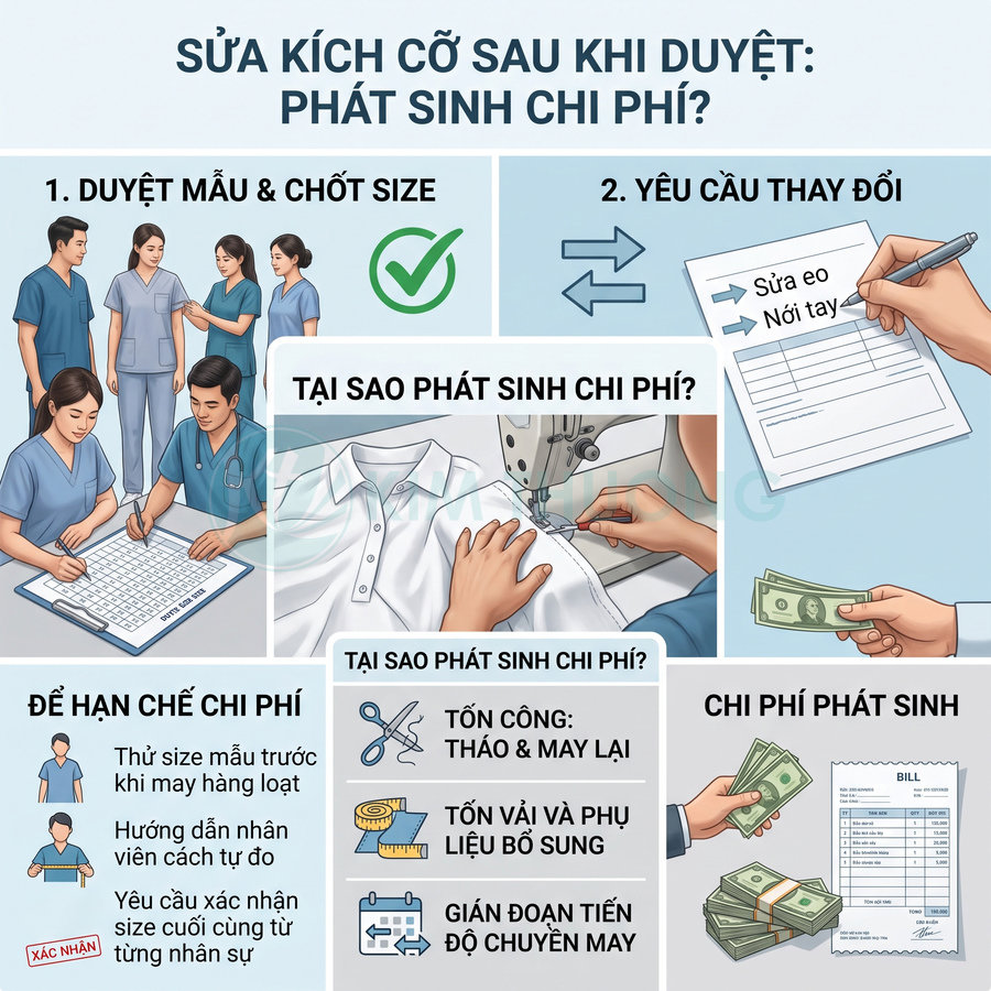 Quy trình chỉnh sửa kích cỡ đồng phục may sẵn và các khoản chi phí phát sinh khi thay đổi size