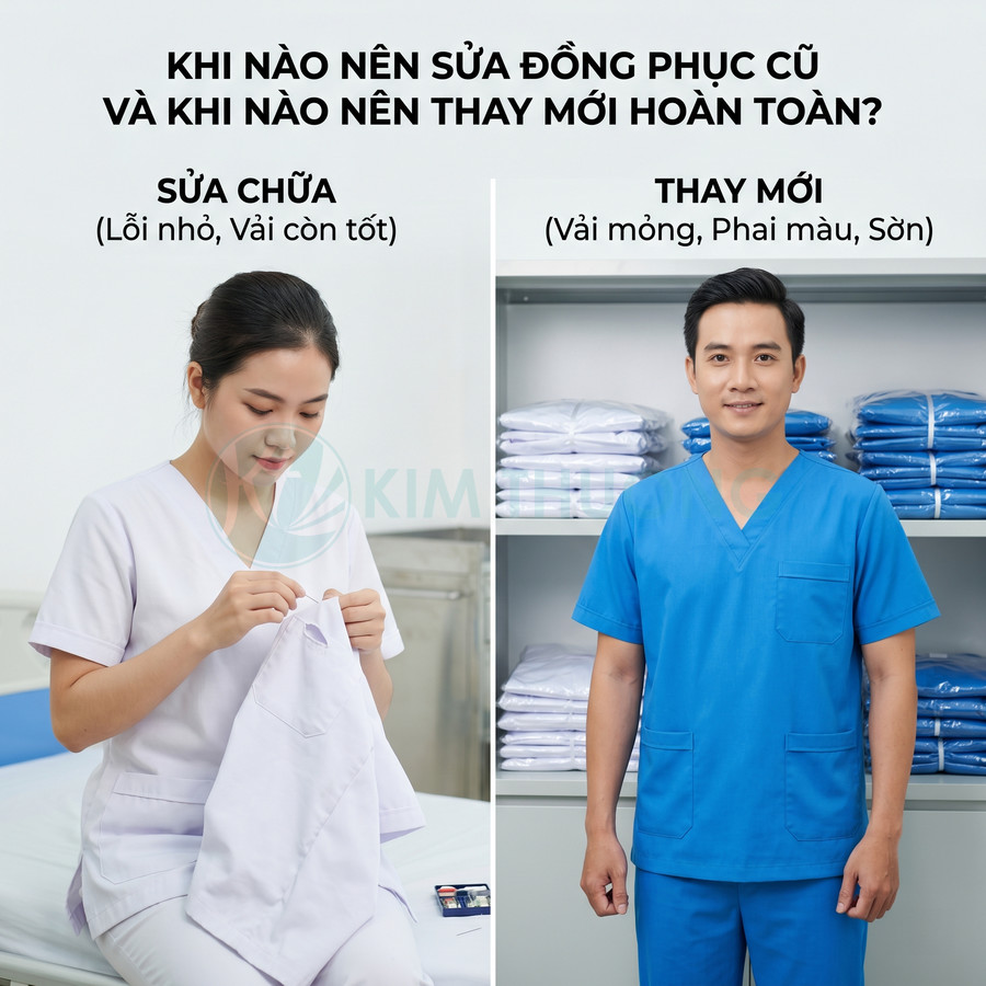 Nhân viên y tế sửa đồng phục trắng và nhân viên mặc bộ scrub y tế xanh mới trước tủ quần áo folded
